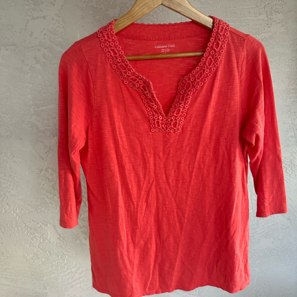 Coldwater Creek Pink 3/4 Sleeve Blouse with Embroidered Neckline